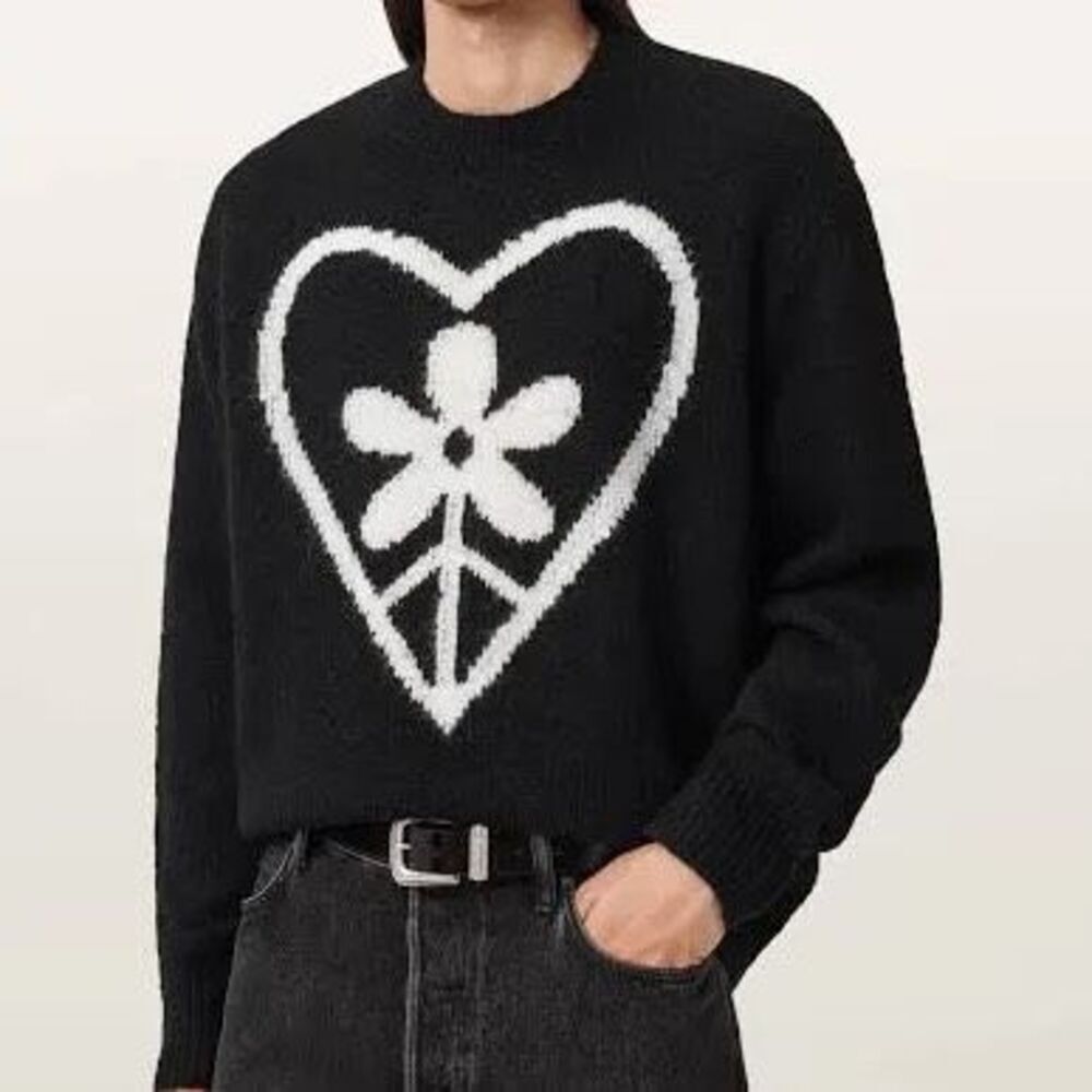 All Saints Finden Sweater Large Black Heart Graphic Alpaca Wool Oversized, NWT